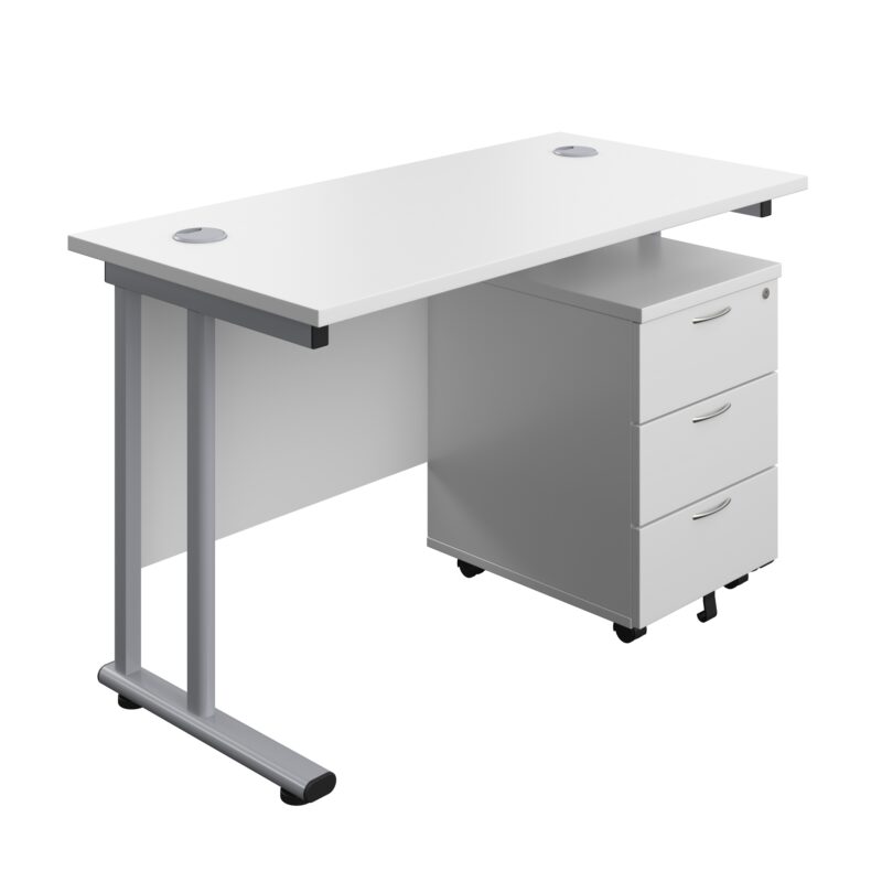 Twin Upright Rectangular Desk + Mobile 3 Drawer Pedestal | 1200X600 | White/Silver