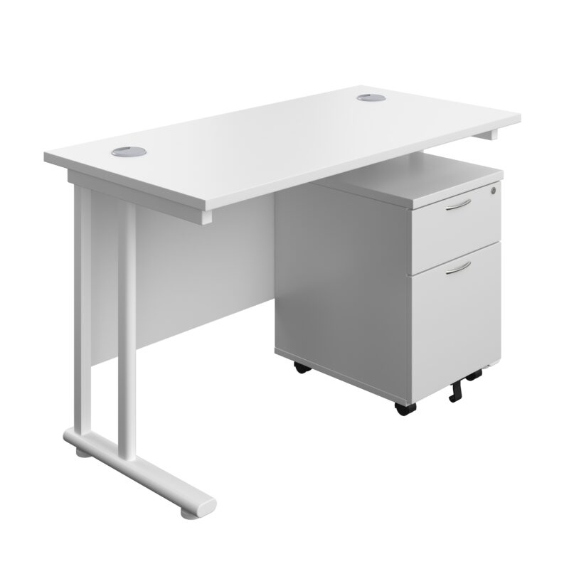 Twin Upright Rectangular Desk + Mobile 2 Drawer Pedestal | 1200X600 | White/White