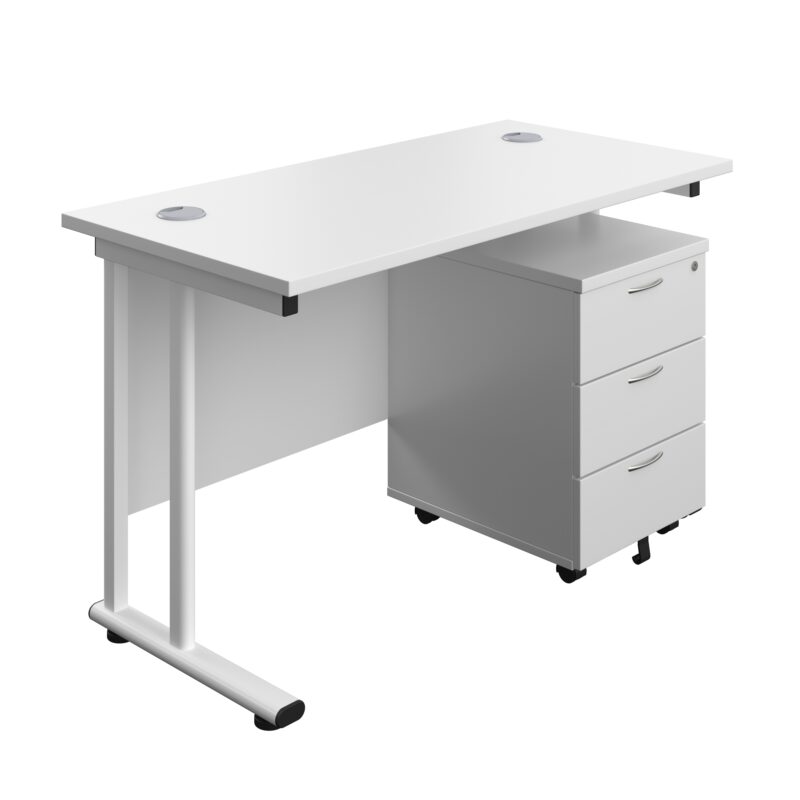 Twin Upright Rectangular Desk + Mobile 3 Drawer Pedestal | 1200X600 | White/White