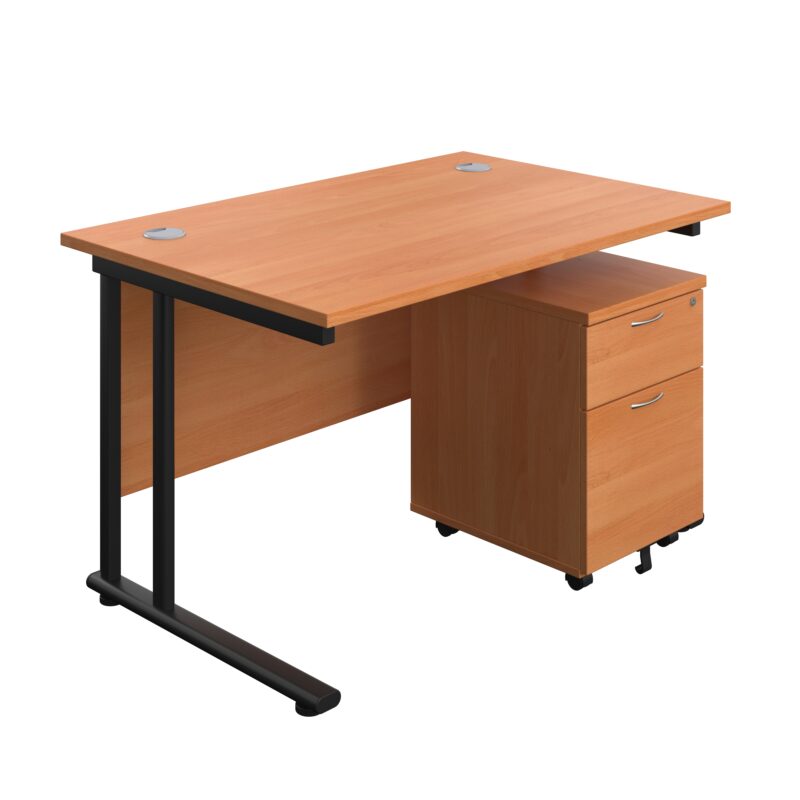 Twin Upright Rectangular Desk + Mobile 2 Drawer Pedestal | 1200X800 | Beech/Black