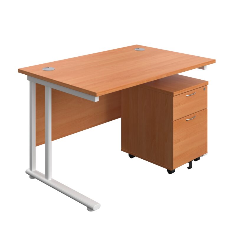 Twin Upright Rectangular Desk + Mobile 2 Drawer Pedestal | 1200X800 | Beech/White