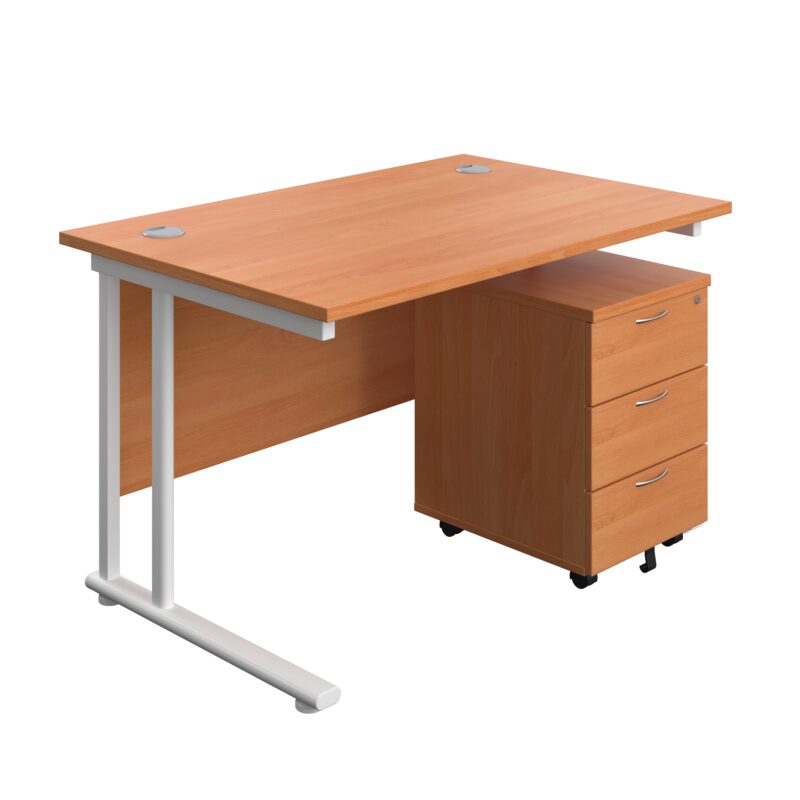 Twin Upright Rectangular Desk + Mobile 3 Drawer Pedestal | 1200X800 | Beech/White