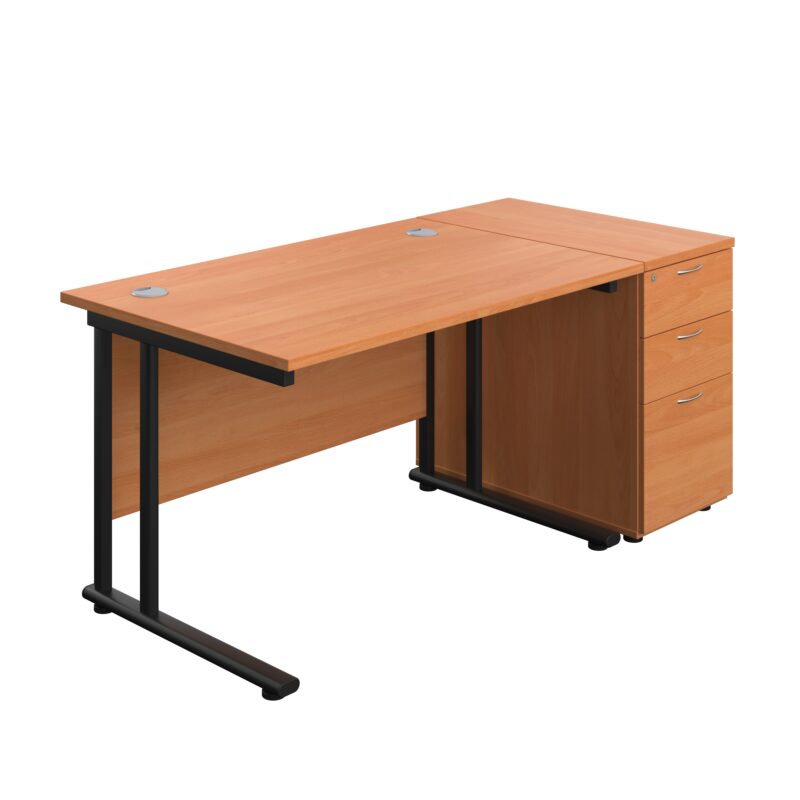 Twin Upright Rectangular Desk + Desk High 3 Drawer Pedestal | 1200X800 | Beech/Black