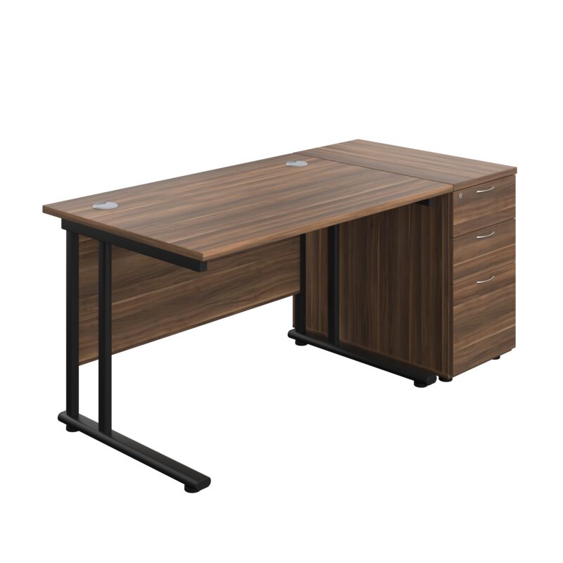 Twin Upright Rectangular Desk + Desk High 3 Drawer Pedestal | 1200X800 | Dark Walnut/Black