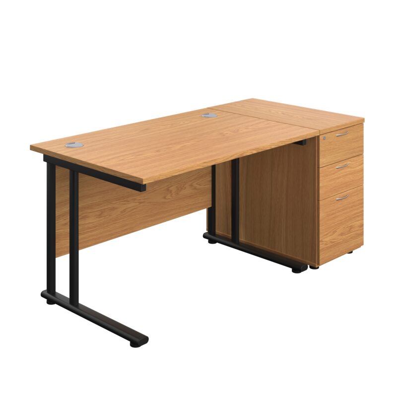 Twin Upright Rectangular Desk + Desk High 3 Drawer Pedestal | 1200X800 | Nova Oak/Black