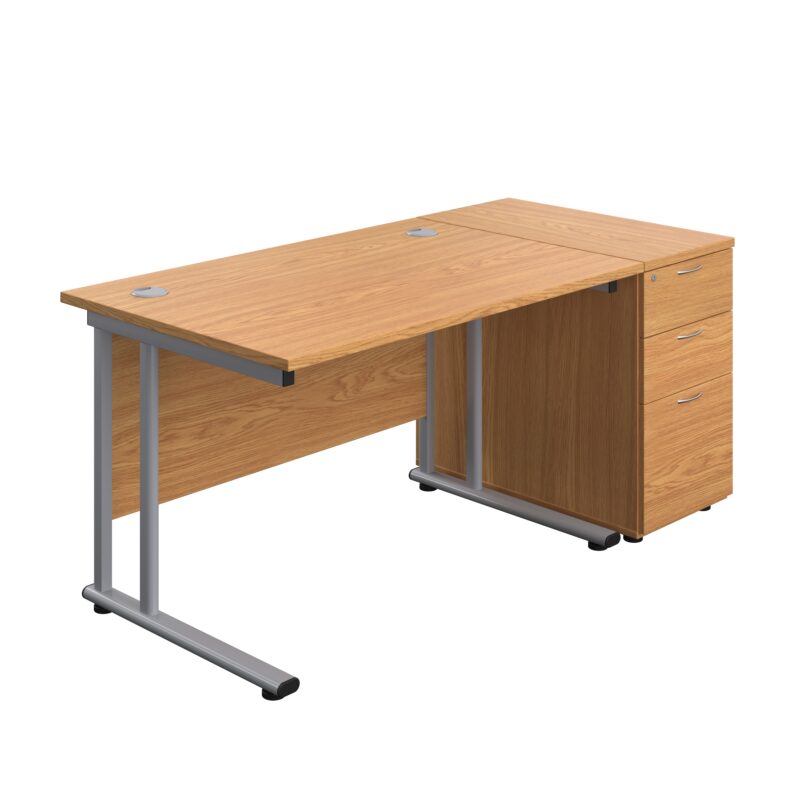 Twin Upright Rectangular Desk + Desk High 3 Drawer Pedestal | 1200X800 | Nova Oak/Silver