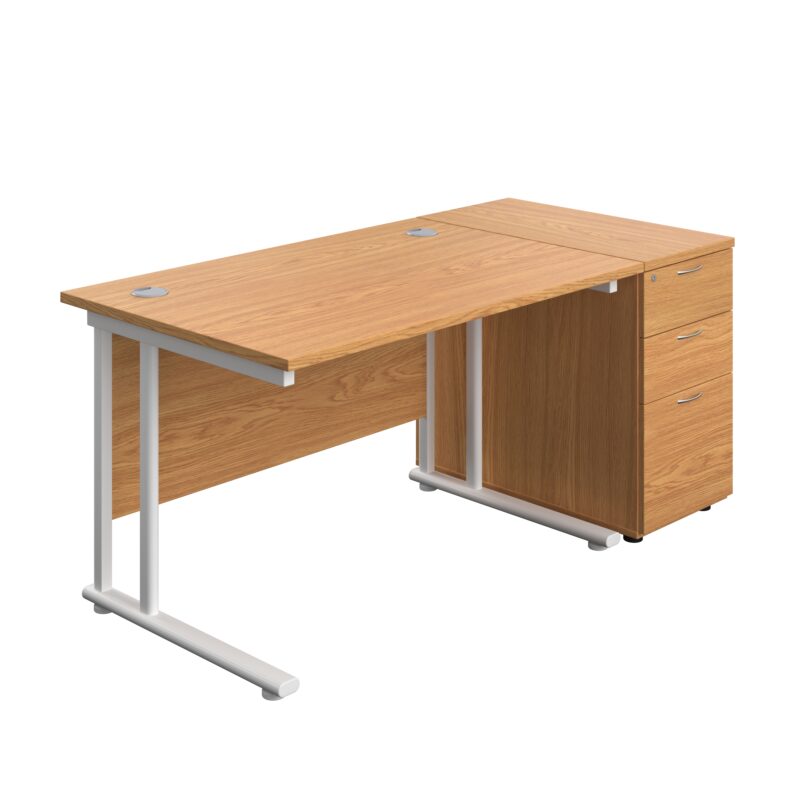 Twin Upright Rectangular Desk + Desk High 3 Drawer Pedestal | 1200X800 | Nova Oak/White