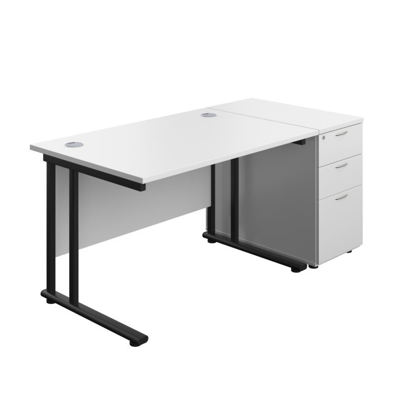 Twin Upright Rectangular Desk + Desk High 3 Drawer Pedestal | 1200X800 | White/Black