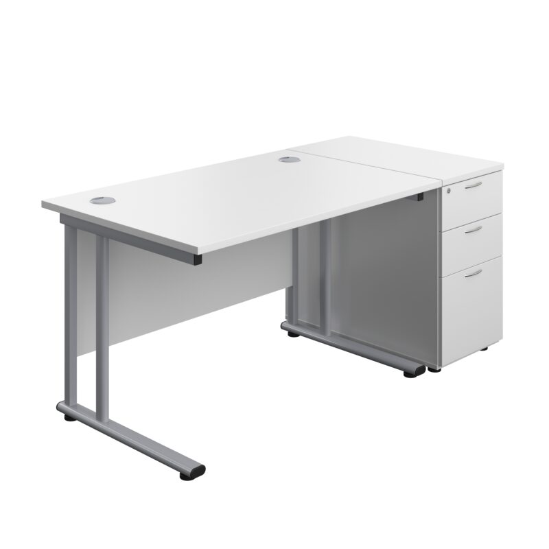 Twin Upright Rectangular Desk + Desk High 3 Drawer Pedestal | 1200X800 | White/Silver