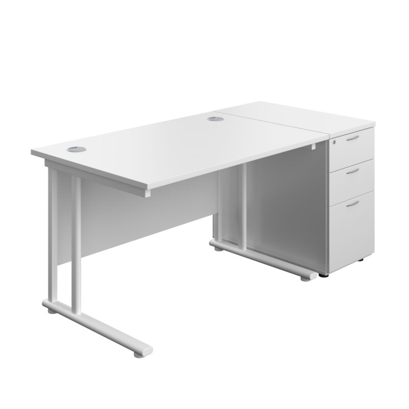 Twin Upright Rectangular Desk + Desk High 3 Drawer Pedestal | 1200X800 | White/White