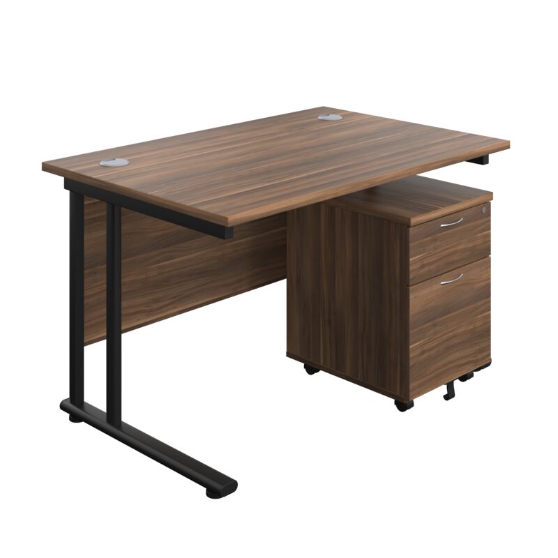 Twin Upright Rectangular Desk + Mobile 2 Drawer Pedestal | 1200X800 | Dark Walnut/Black