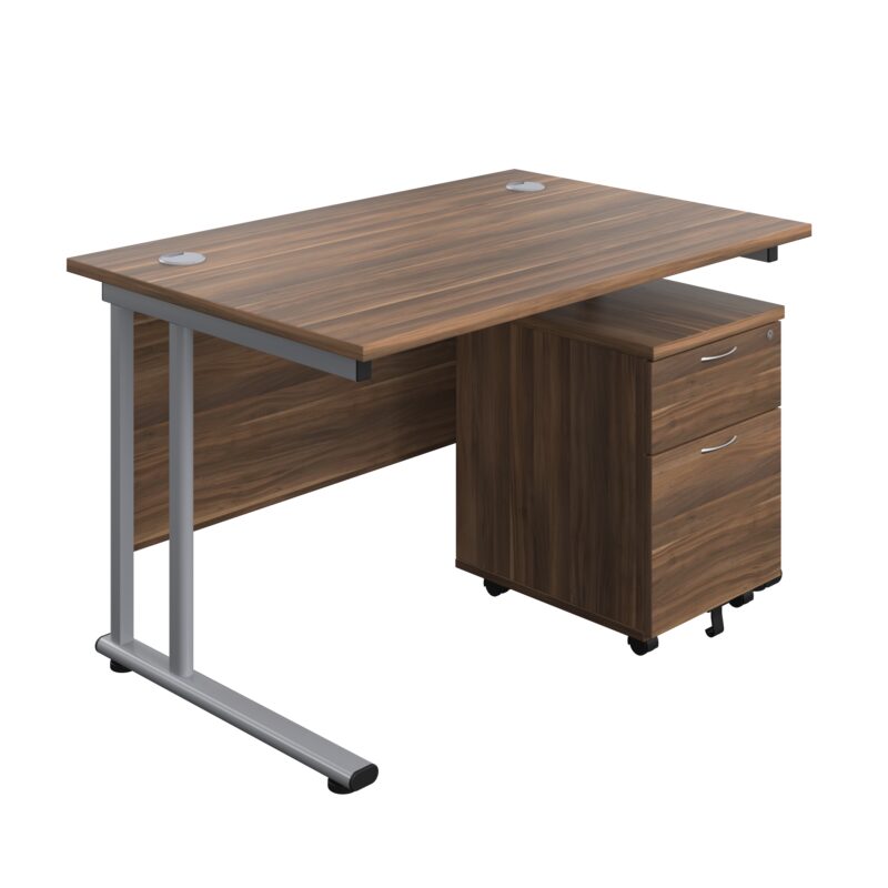 Twin Upright Rectangular Desk + Mobile 2 Drawer Pedestal | 1200X800 | Dark Walnut/Silver