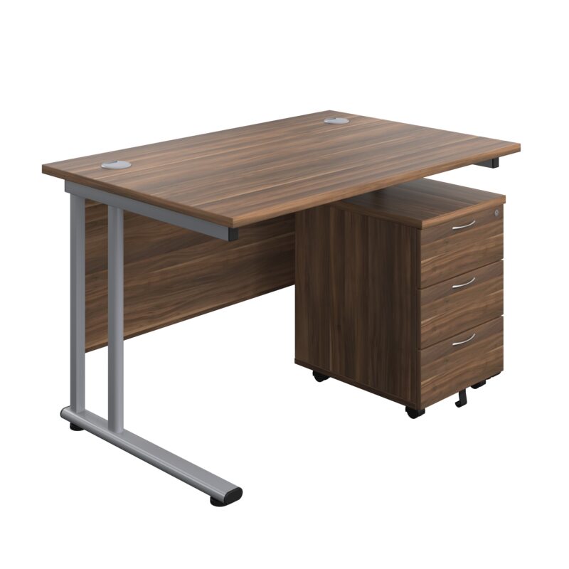 Twin Upright Rectangular Desk + Mobile 3 Drawer Pedestal | 1200X800 | Dark Walnut/Silver