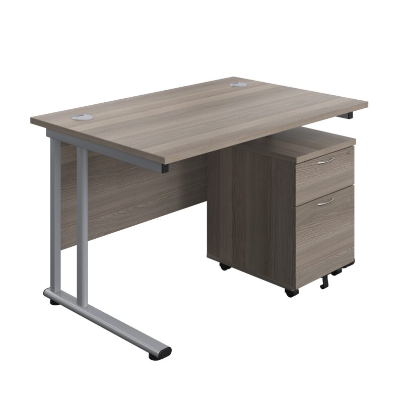 Twin Upright Rectangular Desk + Mobile 2 Drawer Pedestal | 1200X800 | Grey Oak/Silver