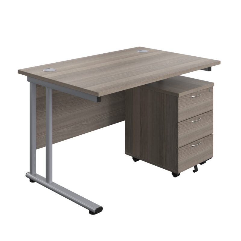 Twin Upright Rectangular Desk + Mobile 3 Drawer Pedestal | 1200X800 | Grey Oak/Silver