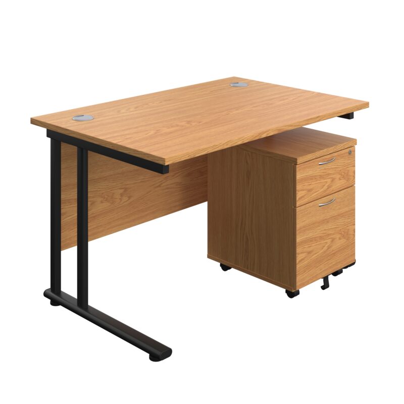 Twin Upright Rectangular Desk + Mobile 2 Drawer Pedestal | 1200X800 | Nova Oak/Black