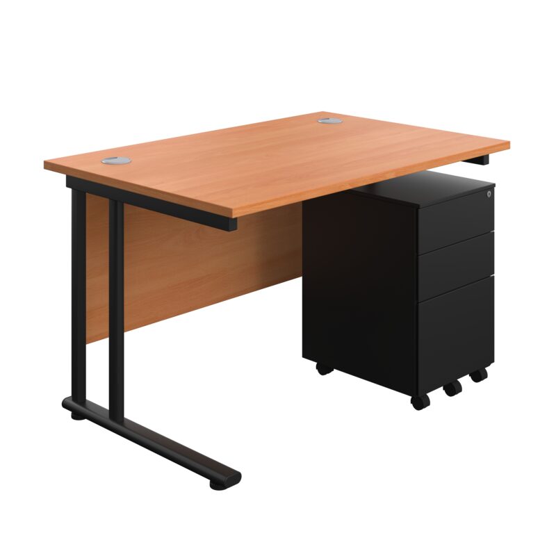 Twin Upright Rectangular Desk + Under Desk Steel Pedestal 3 Drawers | 1200X800 | Beech/Black