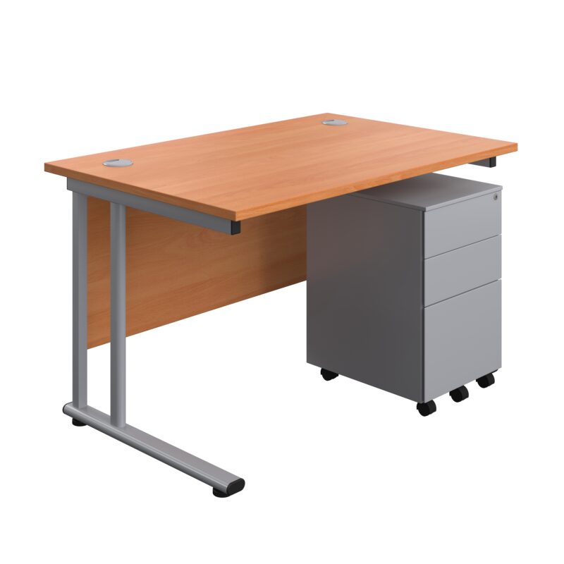 Twin Upright Rectangular Desk + Under Desk Steel Pedestal 3 Drawers | 1200X800 | Beech/Silver