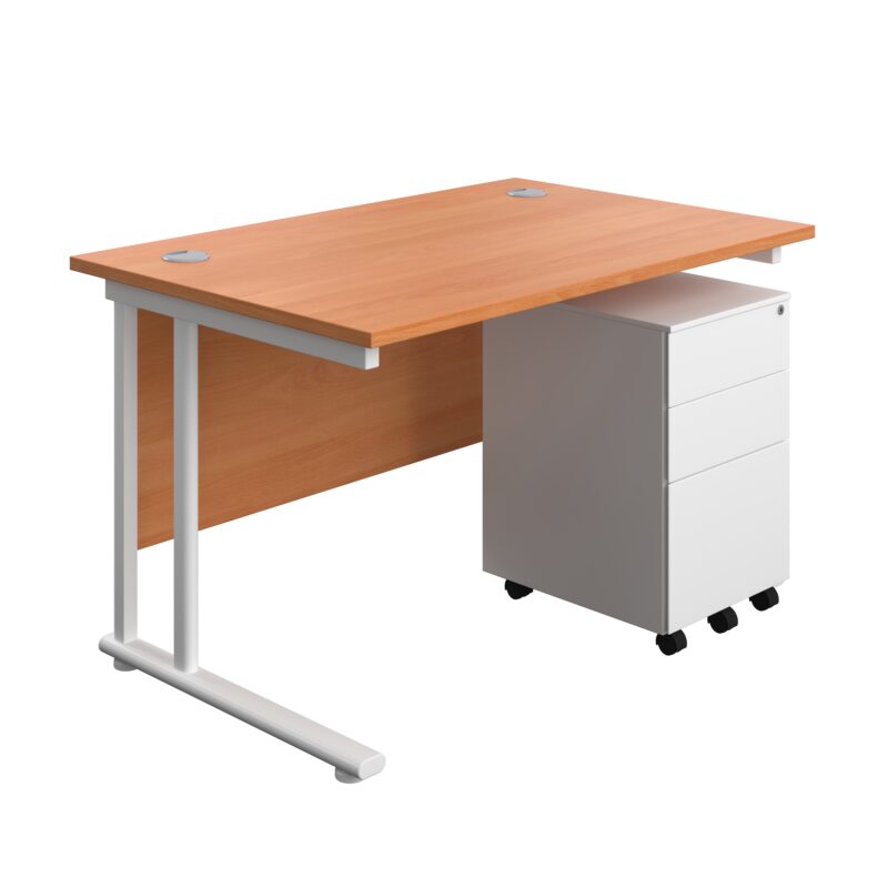 Twin Upright Rectangular Desk + Under Desk Steel Pedestal 3 Drawers | 1200X800 | Beech/White