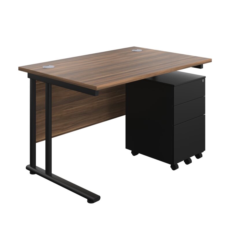 Twin Upright Rectangular Desk + Under Desk Steel Pedestal 3 Drawers | 1200X800 | Dark Walnut/Black