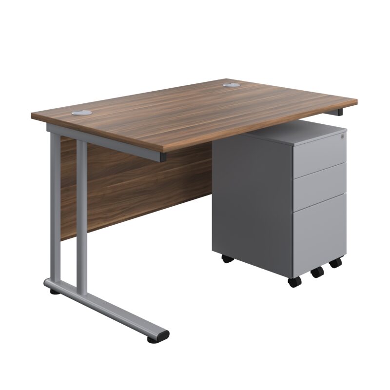 Twin Upright Rectangular Desk + Under Desk Steel Pedestal 3 Drawers | 1200X800 | Dark Walnut/Silver