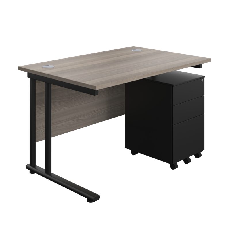 Twin Upright Rectangular Desk + Under Desk Steel Pedestal 3 Drawers | 1200X800 | Grey Oak/Black