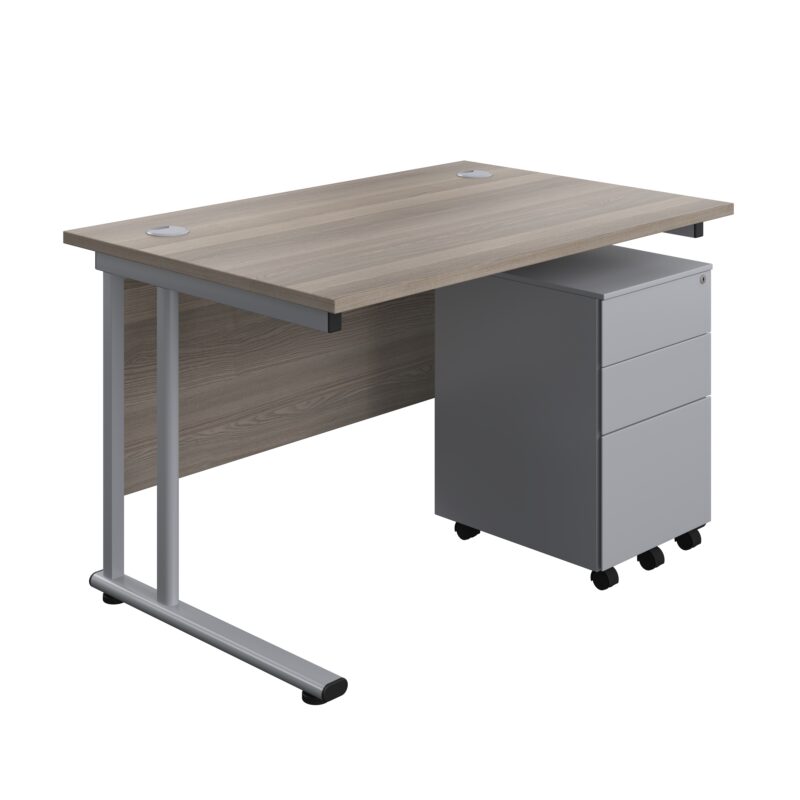 Twin Upright Rectangular Desk + Under Desk Steel Pedestal 3 Drawers | 1200X800 | Grey Oak/Silver