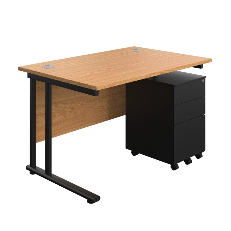 Twin Upright Rectangular Desk + Under Desk Steel Pedestal 3 Drawers | 1200X800 | Nova Oak/Black