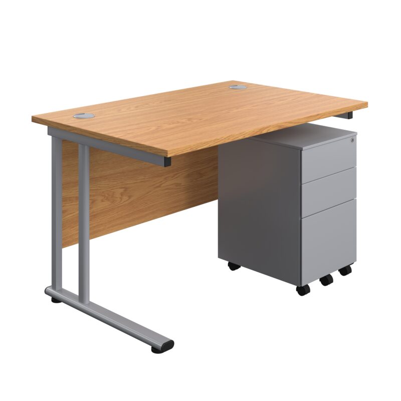 Twin Upright Rectangular Desk + Under Desk Steel Pedestal 3 Drawers | 1200X800 | Nova Oak/Silver