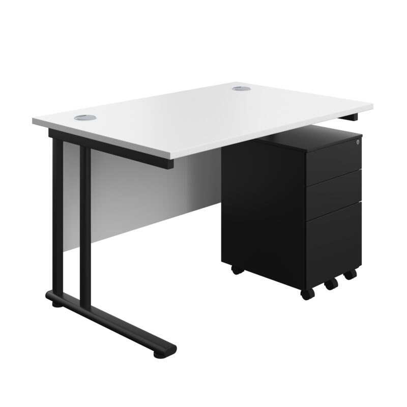 Twin Upright Rectangular Desk + Under Desk Steel Pedestal 3 Drawers | 1200X800 | White/Black