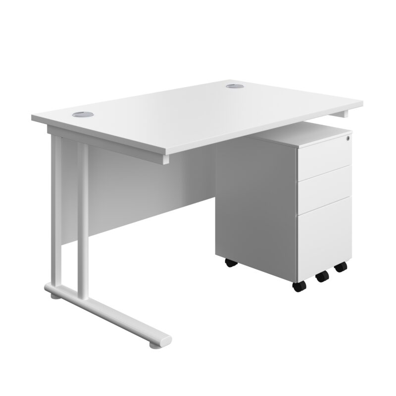 Twin Upright Rectangular Desk + Under Desk Steel Pedestal 3 Drawers | 1200X800 | White/White