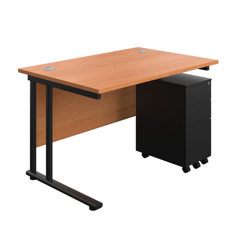 Twin Upright Rectangular Desk + Slimline Steel Pedestal 3 Drawers | 1200X800 | Beech/Black