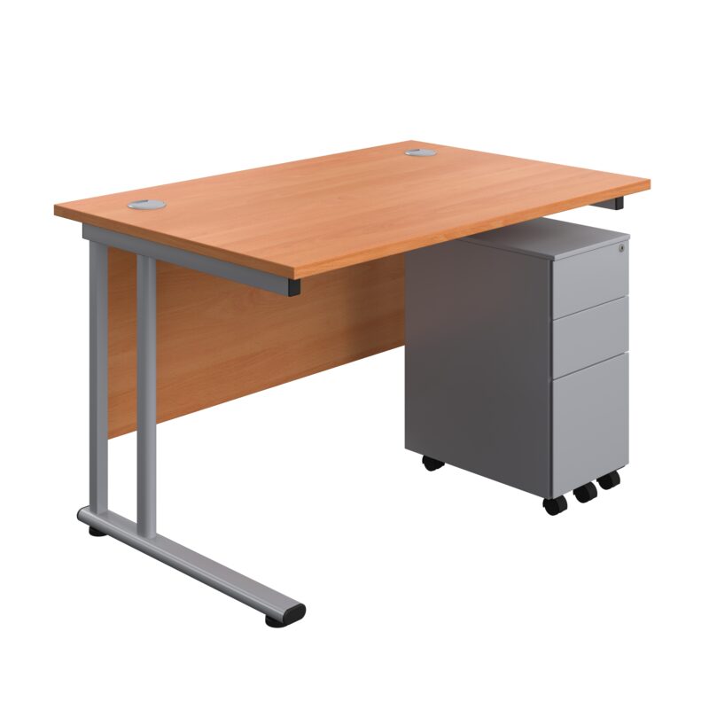 Twin Upright Rectangular Desk + Slimline Steel Pedestal 3 Drawers | 1200X800 | Beech/Silver