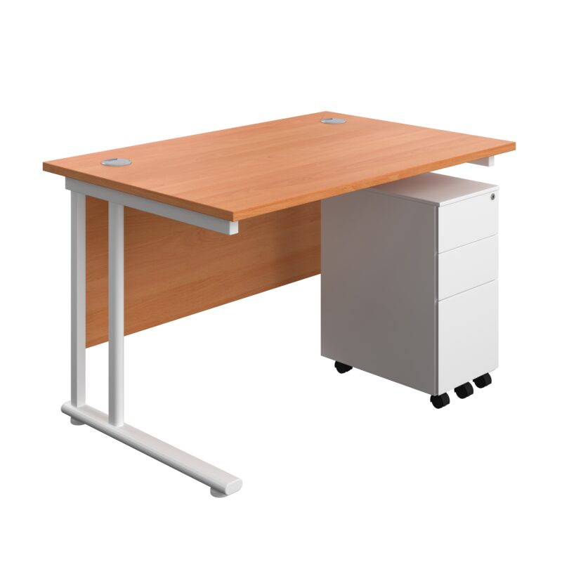 Twin Upright Rectangular Desk + Slimline Steel Pedestal 3 Drawers | 1200X800 | Beech/White