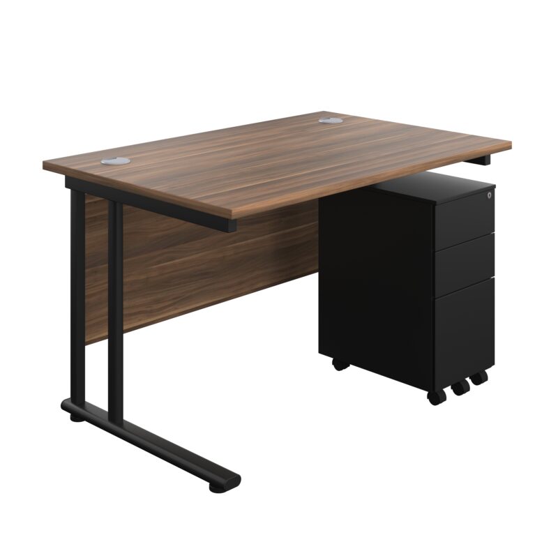 Twin Upright Rectangular Desk + Slimline Steel Pedestal 3 Drawers | 1200X800 | Dark Walnut/Black