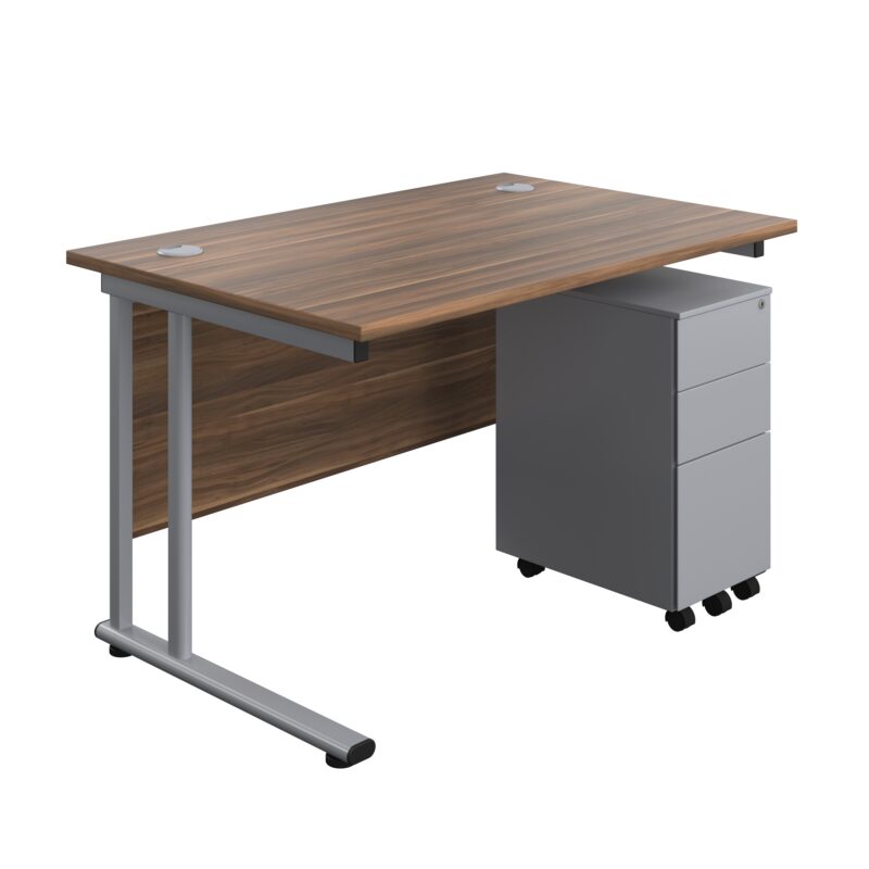 Twin Upright Rectangular Desk + Slimline Steel Pedestal 3 Drawers | 1200X800 | Dark Walnut/Silver