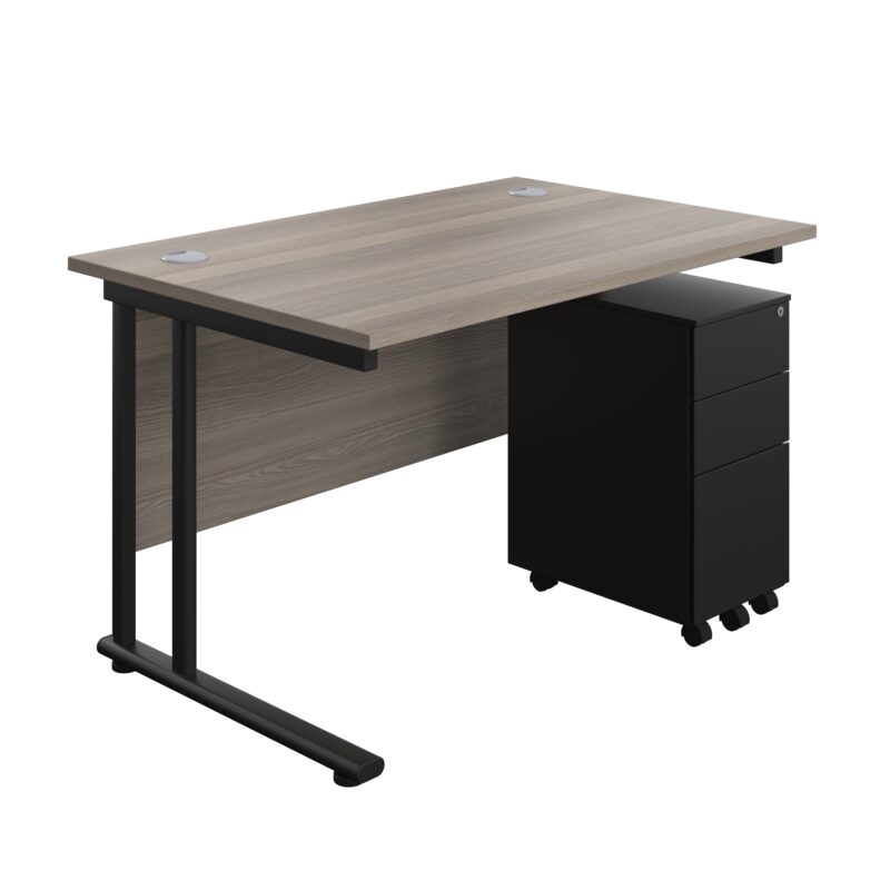 Twin Upright Rectangular Desk + Slimline Steel Pedestal 3 Drawers | 1200X800 | Grey Oak/Black