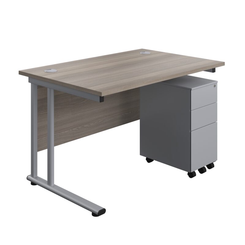 Twin Upright Rectangular Desk + Slimline Steel Pedestal 3 Drawers | 1200X800 | Grey Oak/Silver