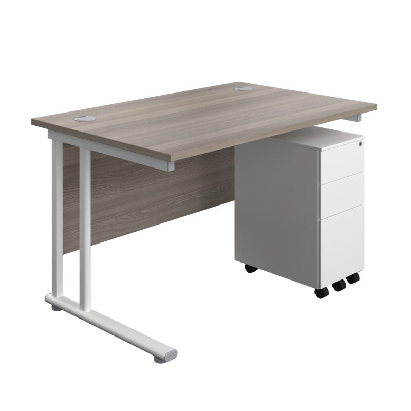 Twin Upright Rectangular Desk + Slimline Steel Pedestal 3 Drawers | 1200X800 | Grey Oak/White