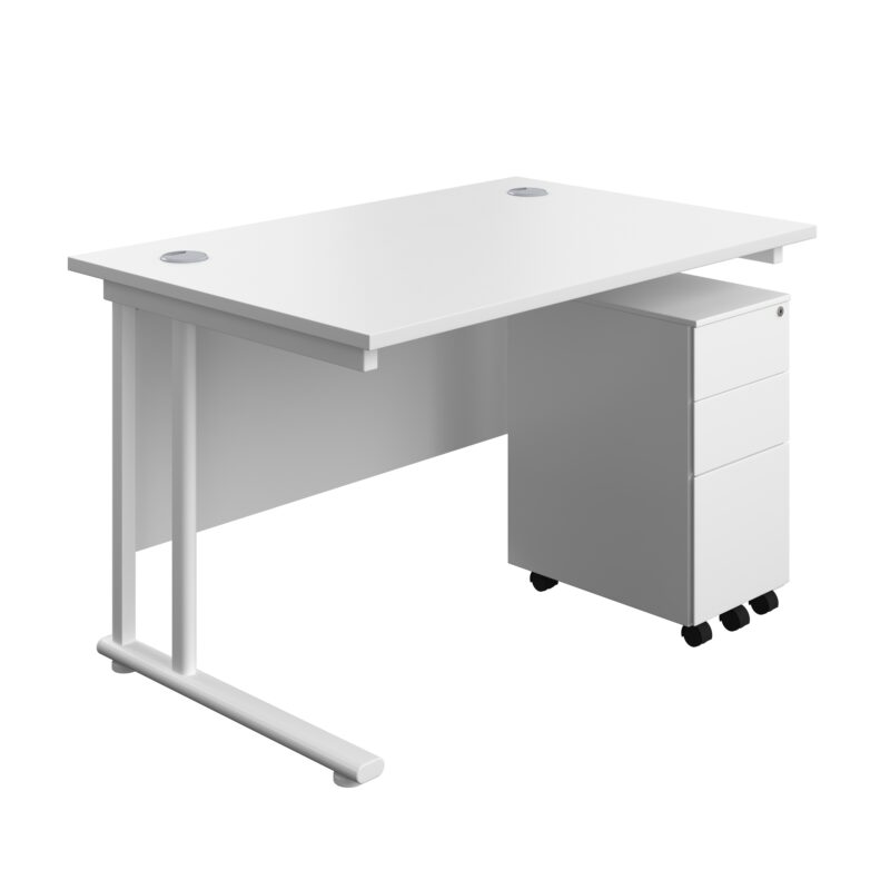 Twin Upright Rectangular Desk + Slimline Steel Pedestal 3 Drawers | 1200X800 | White/White