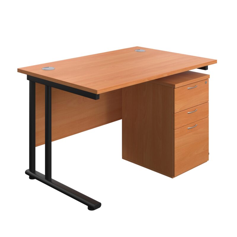 Twin Upright Rectangular Desk + High Mobile Pedestal 3 Drawer | 1200X800 | Beech/Black