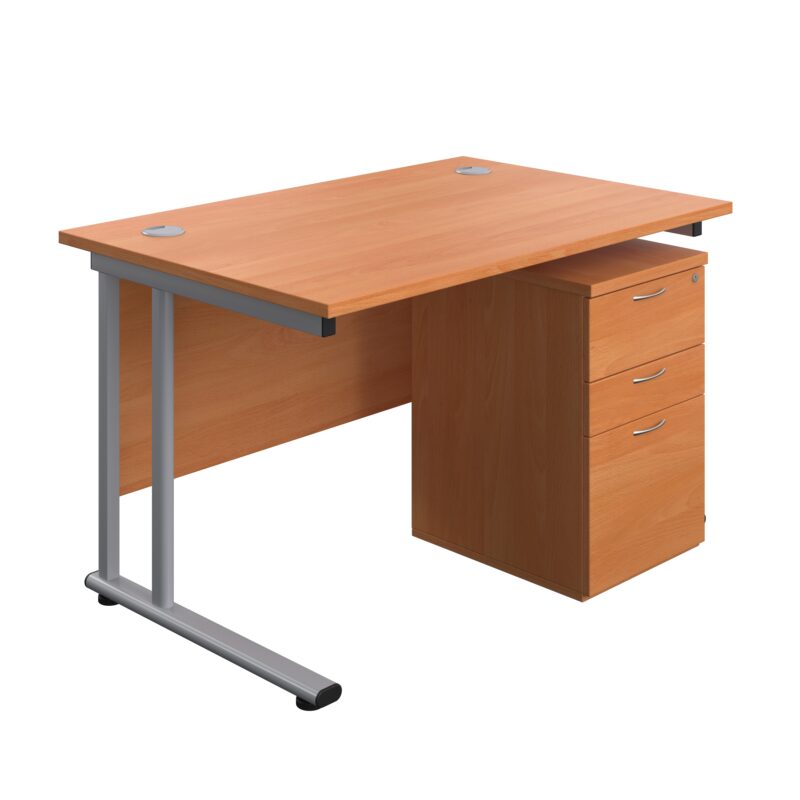 Twin Upright Rectangular Desk + High Mobile Pedestal 3 Drawer | 1200X800 | Beech/Silver