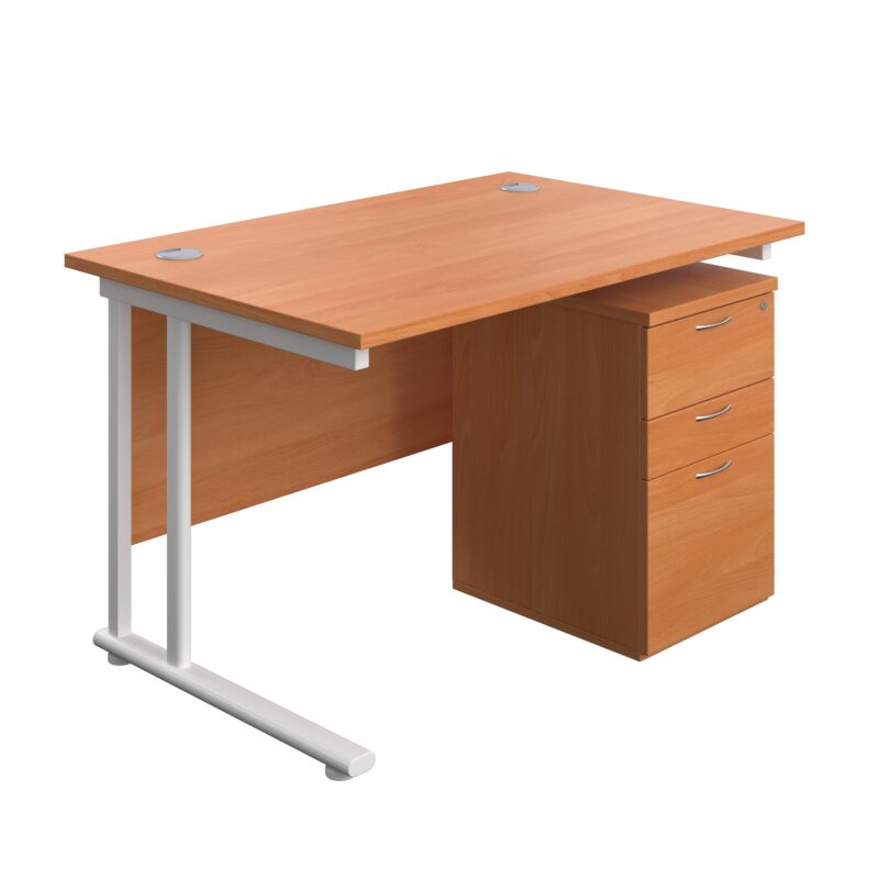 Twin Upright Rectangular Desk + High Mobile Pedestal 3 Drawer | 1200X800 | Beech/White