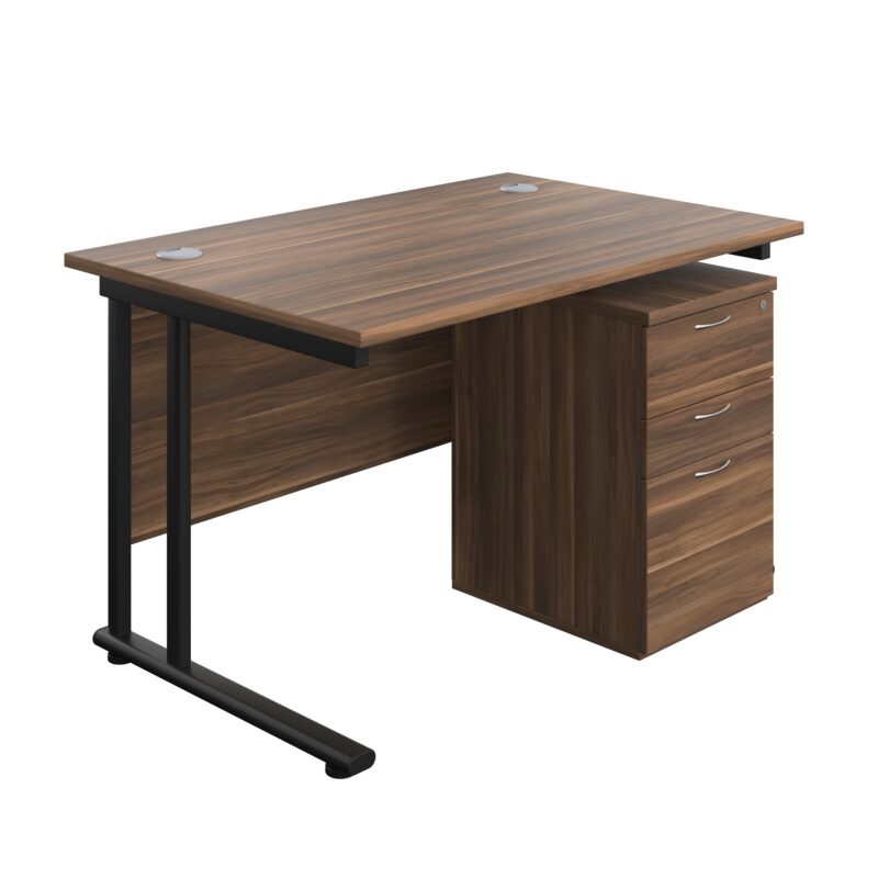 Twin Upright Rectangular Desk + High Mobile Pedestal 3 Drawer | 1200X800 | Dark Walnut/Black