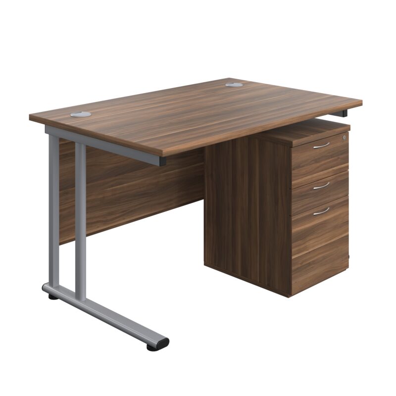 Twin Upright Rectangular Desk + High Mobile Pedestal 3 Drawer | 1200X800 | Dark Walnut/Silver