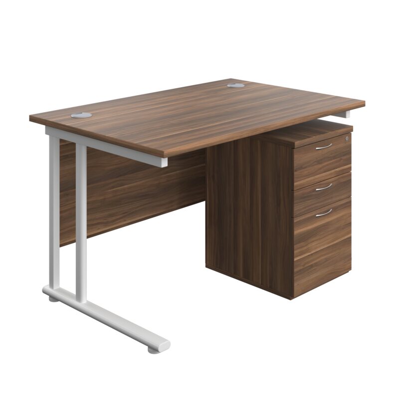 Twin Upright Rectangular Desk + High Mobile Pedestal 3 Drawer | 1200X800 | Dark Walnut/White