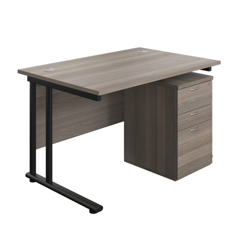 Twin Upright Rectangular Desk + High Mobile Pedestal 3 Drawer | 1200X800 | Grey Oak/Black