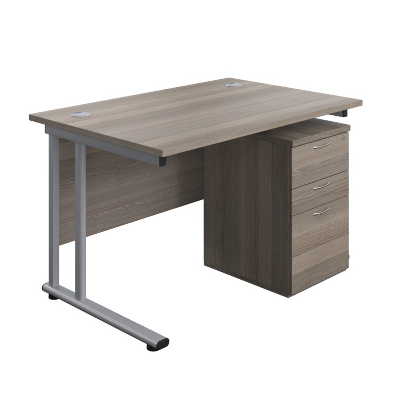 Twin Upright Rectangular Desk + High Mobile Pedestal 3 Drawer | 1200X800 | Grey Oak/Silver