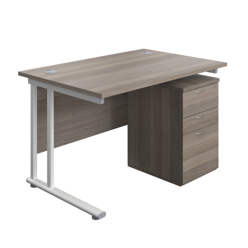 Twin Upright Rectangular Desk + High Mobile Pedestal 3 Drawer | 1200X800 | Grey Oak/White