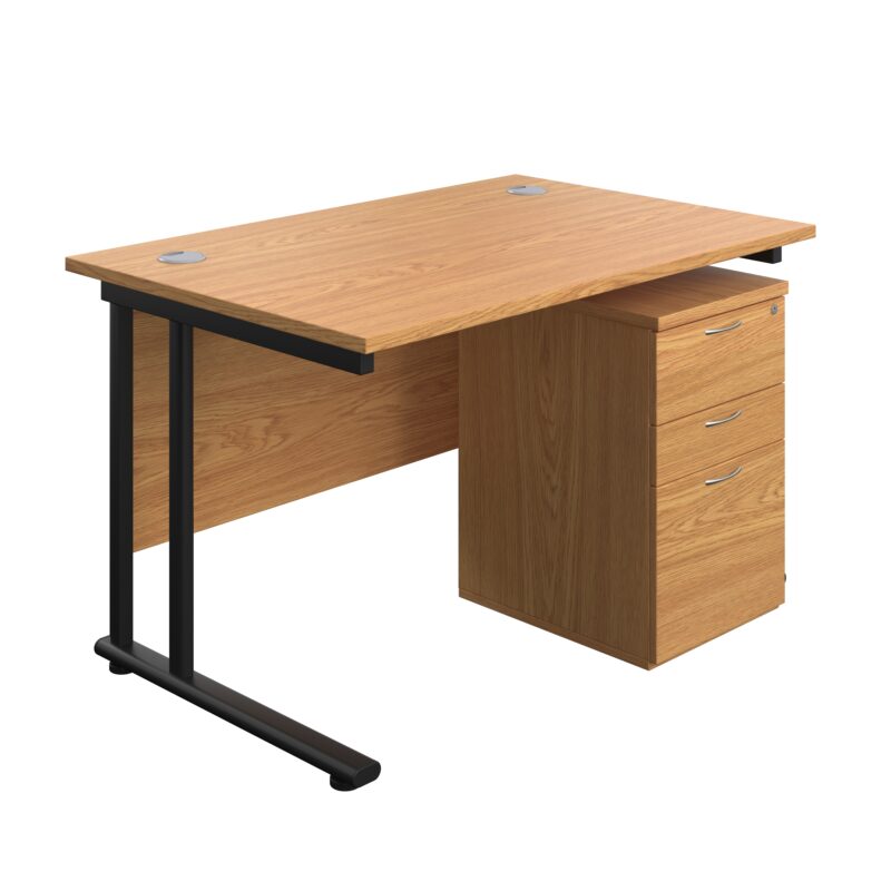 Twin Upright Rectangular Desk + High Mobile Pedestal 3 Drawer | 1200X800 | Nova Oak/Black